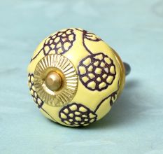 Yellow Marigold Etched Ceramic Floral Cabinet Knob