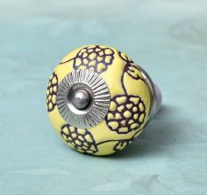 Yellow Marigold Etched Ceramic Floral Cabinet Knob