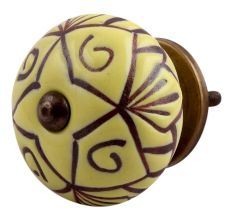 Yellow Base Brown Etched Ceramic Floral Knob