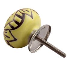 Yellow Base Brown Etched Ceramic Floral Knob