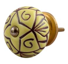 Yellow Base Brown Etched Ceramic Floral Knob