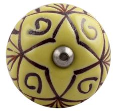 Yellow Base Brown Etched Ceramic Floral Knob
