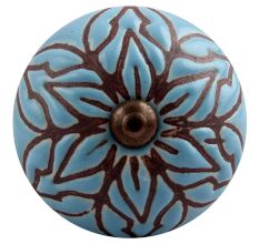 Turquoise Amarylis Floral Etched Ceramic Drawer Knob