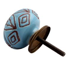 Turquoise Amarylis Floral Etched Ceramic Drawer Knob