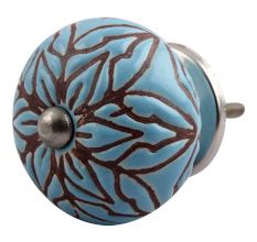Turquoise Amarylis Floral Etched Ceramic Drawer Knob