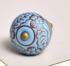 Turquoise Base Brown Leaf Flower Etched Ceramic Drawer Knob