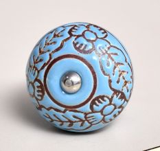 Turquoise Base Brown Leaf Flower Etched Ceramic Drawer Knob