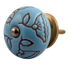 Turquoise Calla Lily Brown Etched Ceramic Cabinet Knob