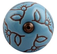 Turquoise Calla Lily Brown Etched Ceramic Cabinet Knob