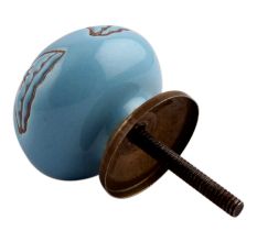 Turquoise Calla Lily Brown Etched Ceramic Cabinet Knob