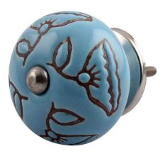 Turquoise Calla Lily Brown Etched Ceramic Cabinet Knob