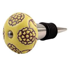 Brown Marigold Etched Ceramic Floral Wine Stopper