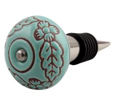 Sea Green Brown Leaf Flower Etched Ceramic Wine Stopper