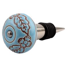 Turquoise Base Brown Leaf Flower Etched Ceramic Wine Stopper