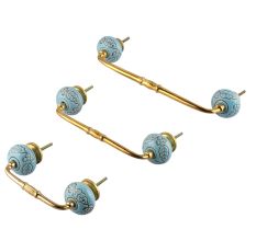 Turquoise Base Brown Leaf Flower Etched Ceramic Bridge Handle