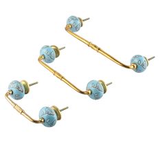 Turquoise Calla Lily Brown Etched Ceramic Bridge Handle