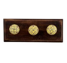 Yellow Base Brown Etched Ceramic Floral Wooden Hooks