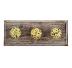 Yellow Base Brown Etched Ceramic Floral Wooden Hooks