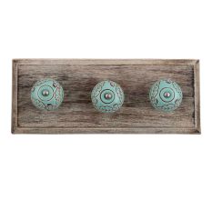 Sea Green Brown Leaf Flower Etched Ceramic Wooden Hooks