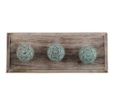 Sea Green Base Brown Pattern Etched Ceramic Wooden Hooks