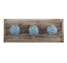 Turquoise Etched Ceramic Floral Wooden Hooks
