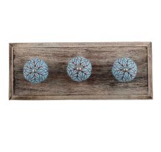 Turquoise Amarylis Floral Etched Ceramic Wooden Hooks