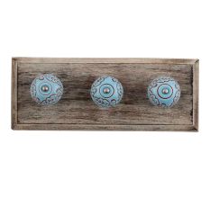 Turquoise Base Brown Leaf Flower Etched Ceramic Wooden Hooks