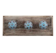 Turquoise Etched Ceramic Floral Wooden Hooks