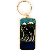Black Bear In Forest Brass Key Chain With Snow Clad Mountain