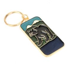 Black Bear In Forest Brass Key Chain With Snow Clad Mountain