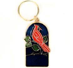 Red Bird On Branch With Blue Background Brass Keychain
