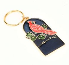 Red Bird On Branch With Blue Background Brass Keychain