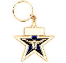 Golden Long Horned Sheep On Blue Star Brass Key Chain