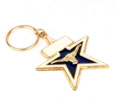 Golden Long Horned Sheep On Blue Star Brass Key Chain