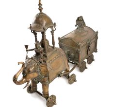 Original Vintage Brass Elephant Cart, Collectible Chariot Home Decor with Bronze Box or Chest