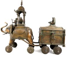 Original Vintage Brass Elephant Cart, Collectible Chariot Home Decor with Bronze Box or Chest