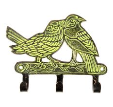 Brass Sparrow Key Three Hooks on Branch with Green Leaves