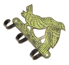 Brass Sparrow Key Three Hooks on Branch with Green Leaves