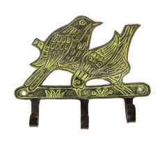 Green Bronze Metal Wall Hooks with Perching Birds