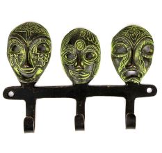 Three Bronze Small Tribal Masks with Wall Hooks Patina Finish