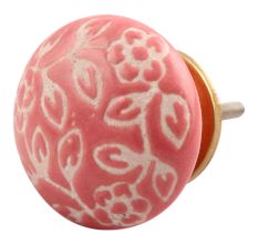 Old Pink Etched Flat Ceramic Cabinet Knob