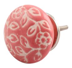 Old Pink Etched Flat Ceramic Cabinet Knob