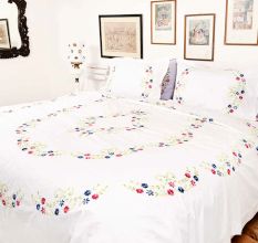White Hand Embroidered Red Blue Floral Quilt Cover+2Pillow Cover