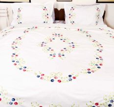 White Hand Embroidered Red Blue Floral Quilt Cover+2Pillow Cover