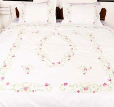 White Cotton Hand Embroidered Pink Petals leaves Duvet Cover+2Pillow Cover