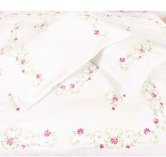 White Cotton Hand Embroidered Pink Petals leaves Duvet Cover+2Pillow Cover