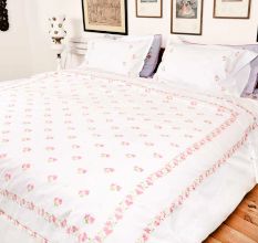 White Cotton Duvet Cover With Pink Floral Hand Embroidery +2 Pillow Covers.