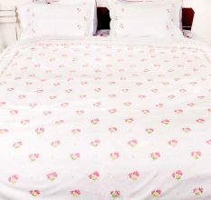 White Cotton Duvet Cover With Pink Floral Hand Embroidery +2 Pillow Covers.