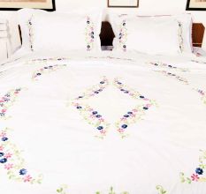 White Hand Embroidered Duvet Cover with Red Blue Floral Design+2 Pillow Covers