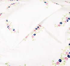 White Hand Embroidered Duvet Cover with Red Blue Floral Design+2 Pillow Covers